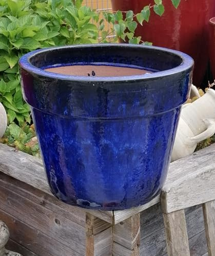 terracotta-toepfe-de B-Ware !! Robuster winterfester Blumentopf ca. 37 cm Durchmesser, blau glasiert Steingut Garten Deko Blumenkübel Pflanztopf