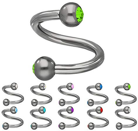 Treuheld® | Silberne TITAN PIERCING SPIRALE mit 2 Kristallen - [05.] 1.2 x 5 mm (Kugeln: 2.5mm) - grün