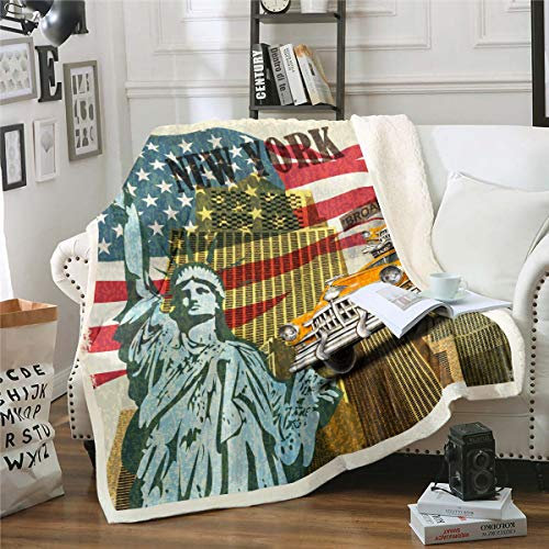Loussiesd Freiheitsstatue Wohndecke Kuscheldecke Berühmte USA Stadtbild Couchdecke für Sofa Couch Retro Stadtgebäude Flanell Fleecedecke Raumdekor 150x200cm