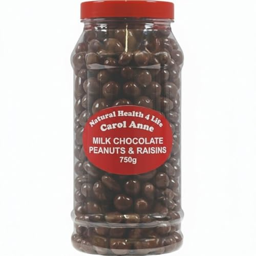 Natural Health 4 Life Carol Anne Confectionery Milk Chocolate Covered Peanuts and Raisins 750g in Recyclable Gift Jar for Snacking, Baking and Sharing, Made in UK