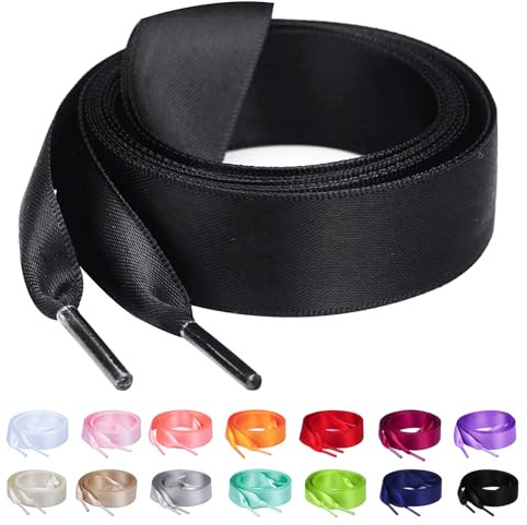 Booyckiy Flat Colorful Satin Ribbon Shoelaces 3/4 Wide Shoe Laces for Women Girls, Black 47inch (120) cm