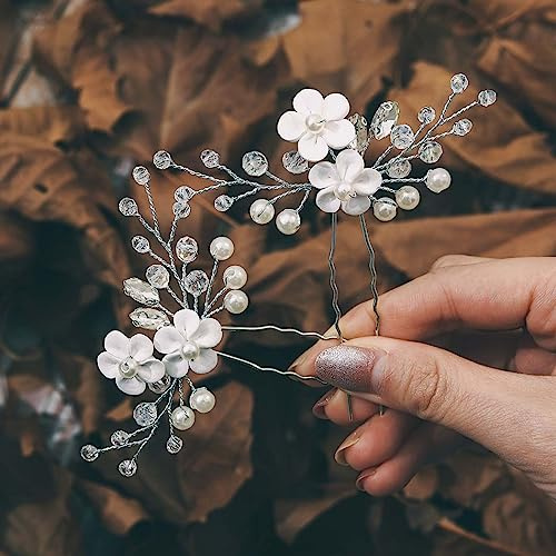 Edary Brautschmuck, Silber, Blumen, Perlen, Haar-Accessoire, Haarnadeln für Damen und Mädchen, 2 Stück