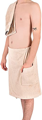 Komfortec Saunakilt Herren | Saunahandtuch mit Klettverschluss und Gummizug | Handtuchkleid - Sauna Kilt | Männer Frottee Saunatücher aus 100% Weiche Baumwolle | Sand/Beige, 58x145 cm, Größe: L/XL