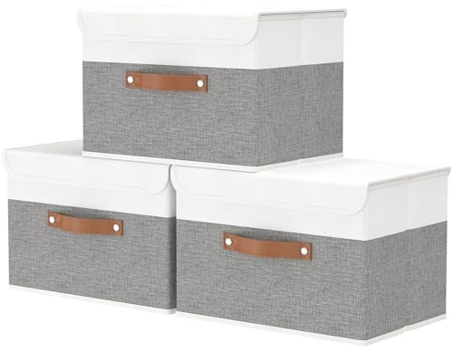 OUTBROS Aufbewahrungskörbe mit Deckel, 45 x 30 x 30 cm,3 Stück regalkörbe, Aufbewahrungsboxe, stoffboxen aufbewahrung für Kleidung,Grau/Weiß ST02WGL3