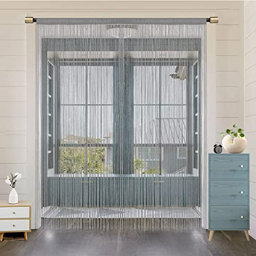 HSYLYM String Türvorhang Fensterdekoration Raumteiler Dekoration Einzelvorhang für Fenster 200x200cm Grau | Raumteiler-Vorhang für Zimmer, blockiert Mücken und fliegende Insekten, um im Sommer ruhig zu schlafen