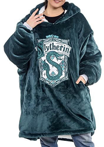 Merchoid Harry Potter: Slytherin Oversize Kapuzendecke - bequeme, weiche, warme Plüschdecke mit Kapuze für Männer und Frauen, mit Sherpa Fleece gefüttert und Taschen, GRÜN, Größe