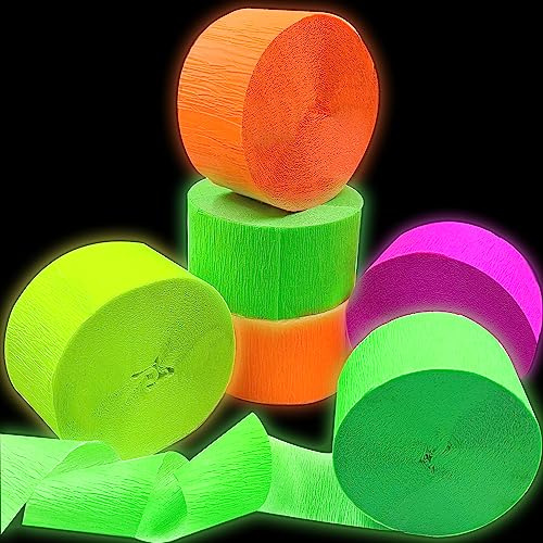 420feet Blacklight Party Streamer Decorations 4 Rolls Glow Crepe Paper UV Reactive Fluorescent Neon Paper Streamers Glow Party Supplies and Decorations for Wedding, Birthday, Neon Party, Fiesta Party