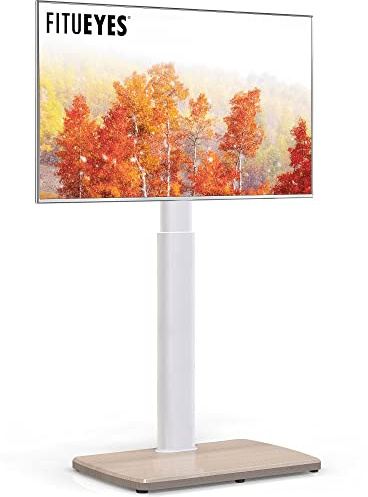 FITUEYES Vitt TV-golvstativ 1,4 m med 20 mm träbas för 32-70 tums TV, högt TV-stativ med 60 ° svängbar och 6 höjdjustering, hörn smal TV-stativ Max. VESA 600x400mm Rymmer 40 kg | Vridbart golvstativ för TV, justerbar höjd, kabelhantering, design för vardagsrum, sovrum och kontor