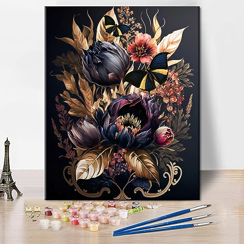 Blumen Malen nach Zahlen Erwachsene, Schmetterling und goldenes Blatt | ölmalerei malerei mit pinseln, entspannendes hobby, leinwand geschenke, wanddekoration für zu hause, 40 x 50 cm rahmenlos