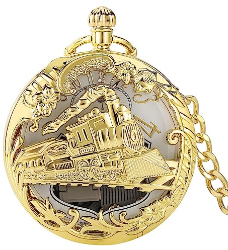 DAGIJIRD Orologio da tasca al quarzo carillon con movimento musicale, orologio al quarzo al quarzo a vapore per uomo donna con catena, Oro, Vintage