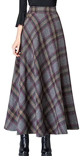 ebossy Falda Larga Vintage de Cintura Alta de Mezcla de Lana a Cuadros con Bolsillo para Mujer, Gris (Plaid Grey), XS