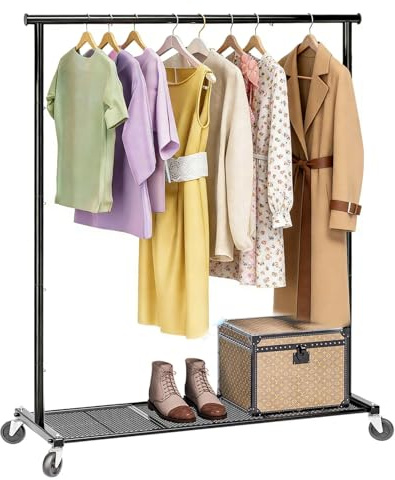Ekisemio Clothes Rack for Hanging Clothes, 64.25 Inch Clothing Racks with Wheels, Portable Rolling Clothes Garment Rack for Bedroom, Laundry, Living Room, Black