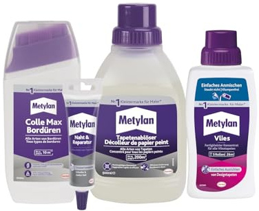 Metylan Vlies Fertigkleister Konzentrat (1x500g) & Metylan Bordüren (1x250g) & Metylan Naht- und Reparaturkleber (1x60g) & Metylan Tapetenablöser Aktiv-Konzentrat (1x0,5l)