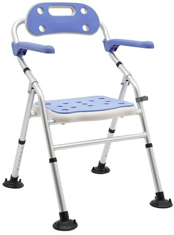 Faltbarer Duschhocker, Duschstuhl für Senioren mit 6 Höhenverstellungen 40-53cm, Duschsitz mit Atmungsaktive Rückenlehne und Armlehnen, Belastbarkeit 150kg, Schwerlast-Duschstuhl (Blau und Weiß)