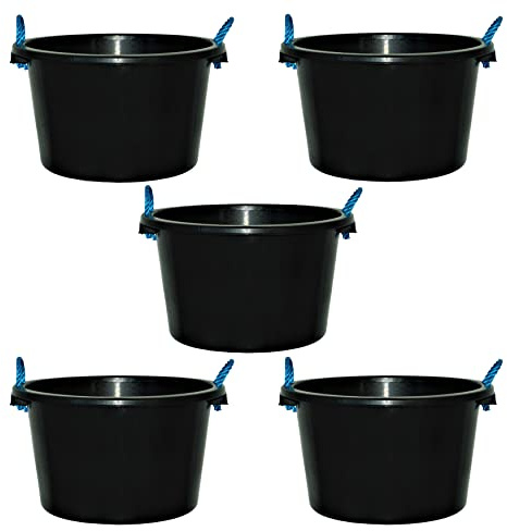 45L Litre Black Heavy Duty Multipurpose Plastic Tub Bucket Planter With Rope Handles Muck Bucket Open-Top Storage Round Utility Tub for Indoor or Outdoor Home Garden - Made In UK (5 QTY, 45 Litre)