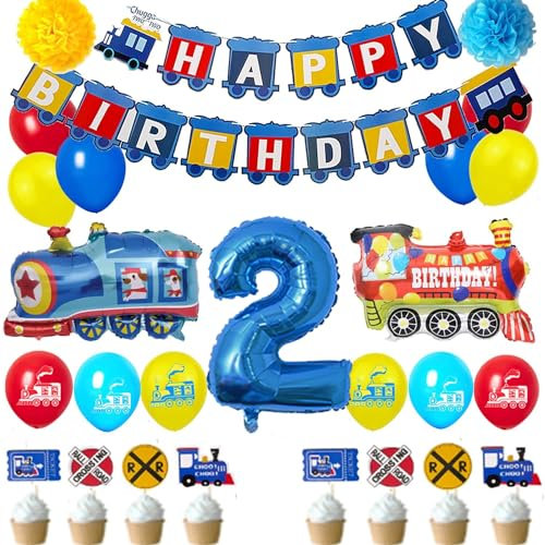 Train Birthday Party Decorations Blue Yellow Red Decorations with Railroad Balloons Garland,Train Birthday Banner,Train Balloons,Railway Cupcake Toppers (number 2nd birthday)