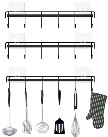 FULUDM Wall Utensil Hanger for Kitchen Rail - 3 Pack Wall Mounted Adhesive Hanging Holder Rack Organizer with 6 Hooks No Drilling (Black)