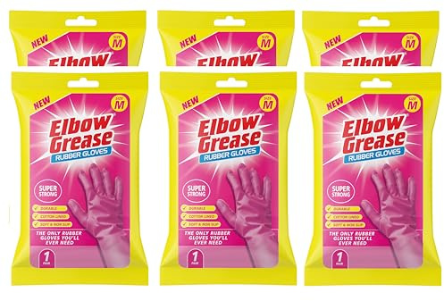 Ozmoint Multipack - Elbow Grease Super Strong Cleaning Rubber Gloves - Pink Latex Gloves, Medium 7 1/2 & Large 8 1/2, Cotton Lined, Soft & Non-Slip (6, Medium)