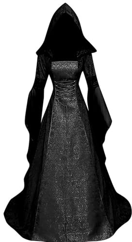 Disfraz de Halloween para mujer, renacentista medieval con capucha, vestido gótico, carnaval victoriano, disfraz de cosplay, negro, talla L