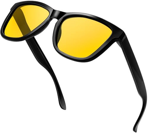 KANASTAL Occhiali Guida Notturna Gialli Neri Uomo Donna Quadrati Visione Notturni Notte Vintage Yellow Night Driving Glasses -Lente Gialla Montatura Neri Lucidi
