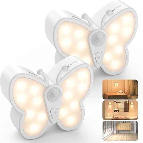 2 Stück ﻿Schmetterling Nachtlicht Akku mit Bewegungsmelder, LED Wandleuchte Kabellos Dimmbar Magnetische Nachtlampe, 3 Modi 2 Farbtemperaturen, USB Aufladbar Wandlicht für Flur Schlafzimmer Garderobe