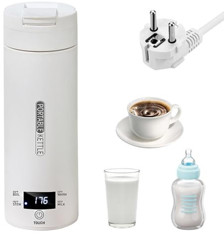 SKIKHN Hervidor de Agua de Viaje, 500ML Hervidor de Viaje, Apagado Automático, 4-Temperatura Ajustable, Hervidor Agua Electrico en Acero Inoxidables 304, Hervidor Eléctrico Portátil para Té Leche Café