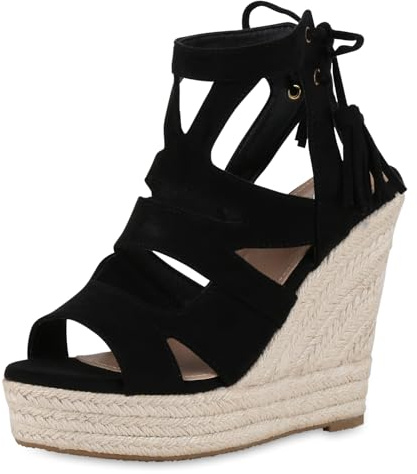 VAN HILL Damen Keilsandaletten Keilabsatz Bast Trendy Schuhe 216175 Schwarz 41