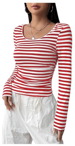GORGLITTER Damen Gestreift Langarmshirts Basic Oberteil Langarm Tshirt Stretch Teil Tops mit U Ausschnitt Rot und Weiß XS