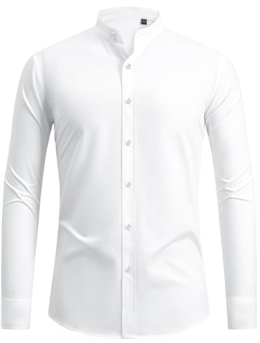 siliteelon Hemd Herren Weiß Bügelfrei Regular fit Oberhemd Stretch Herren Hemden ohne Kragen Weiss Businesshemd Anzug Hemd Männer Brautpaar Trauzeuge Bräutigam Interview