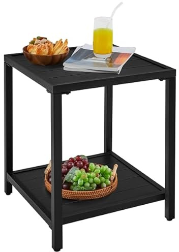 Yaheetech Doppelschichtiger Gartentisch Beistelltisch aus Latten Quadratischer Kaffeetisch aus Metall für Draußen Outdoor-Tisch 45×45×54 cm Schwarz