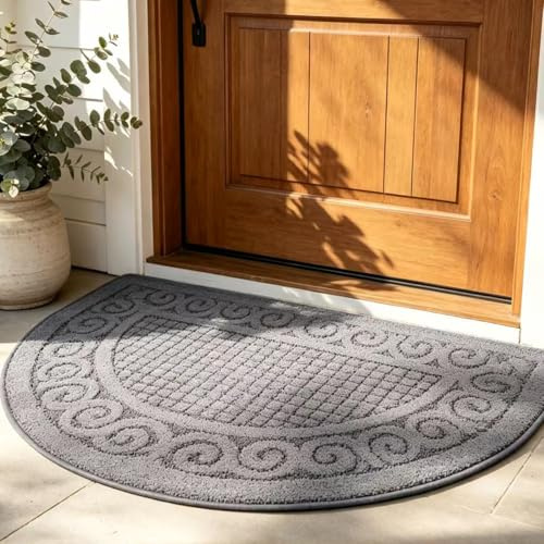 SASTYBALE Grey Door Mat Indoor 18 x 30, Absorbent Non Slip Washable Doormat, Dirt Trapper Low Profile Entryway Rug, Half Round Mat for Front Door and Back Door