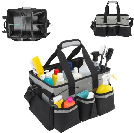 Large Cleaning Caddy with Handle, Multi-Pocket Cleaning Caddy Bag Organiser, Clean Tool Bucket Bag Organizer with Detachable Dividers, Adjustable Shoulder Strap for Home Car Garden Cleaning Supplies