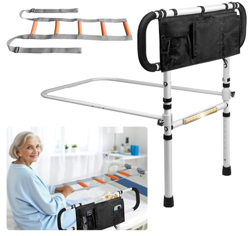 EasyVibe 3-in-1 Bed Rail for Elderly Adults with Sit-Up Strap, Motion Light, & Comfort Flat-Tube Base, 180° Folding Complete Mobility & Safety Solution,Folding Bed Safety Rail