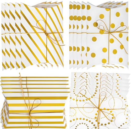 20 Stück Geschenkboxen, Gold Gestreift Metallic und Punkte Kleine Schachteln, Faltverpackung Geschenkschachtel, Kissenschachtel für Pralinen, Kuchen, Süßigkeiten (gold)
