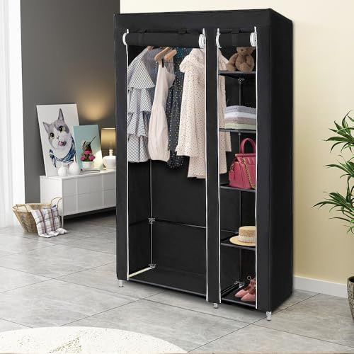 Armadio in Tessuto, Guardaroba, Appendiabiti, Ripiani Portaoggetti,con Asta per Abiti con Copertura, Capiente, per Borse, Giocattoli, Scarpe, Soggiorno, Camera da Letto, 172*105*43 cm (nero)