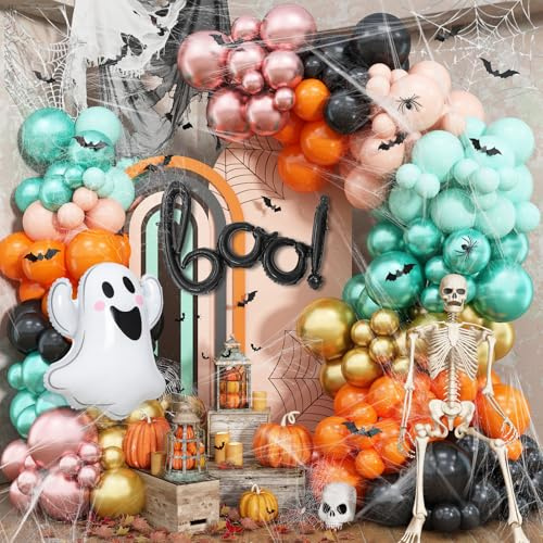 121-teiliges Halloween-Ballonbogen-Set, schwarz, orange, grün, rotgold, Ballon-Girlande mit Halloween-Boo Geister-Folienballons, Fledermaus, Spinnennetz, für Süßes oder Saures, gruselige Geister