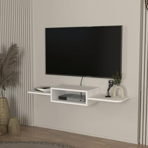 [en.casa] Mobile Porta TV da Parete con Vano Aperto Mensola Sospesa con Ripiani Laterali e Fori Passacavi per Soggiorno Salotto Stand Multimediale 115 x 30 x 16 cm - Bianco