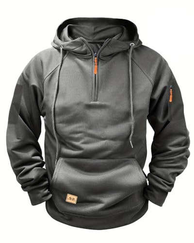 Hoodies for Men,Work Jumpers Mens Fleece Lined Cargo Military Hooded Sweatshirt Patchwork Tactical Pullover Tops Winter Gym Sports Outfits Hoody Essentials Hoodies with Zip Pockets Dark Gray