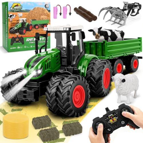 Herenear RC Trattore Telecomandato per Bambini, Trattore Radiocomandato con Rimorchio Giocattolo e Luce, Giocattolo per Bambini di 3, 4, 5, 6, 7 Anni (Verde)