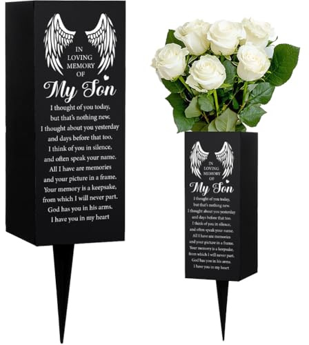 WEBEEDY Son Memorial Cemetery Vases for Grave with Spikes Angel Wing Pattern Grave Decorations for Cemetery, in Loving Memory Memorial Vases Funeral Sympathy Gift for Loss of Son, 3.1x7.9 Inch