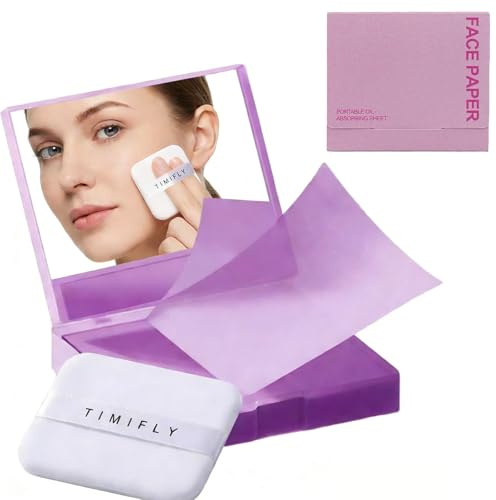 600Pcs Oil Blotting Sheets for Face, Blotting Paper for Oily Skin, Portable Facial Oil Absorbing Sheets with Mirror Case & Puff for Makeup Use (Purple)