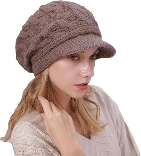 AYPOW Vintermössa med stickad sloucy visir och basker för kvinnor, fleecefoder, varm termisk öronskyddsmössa, daglig vinteraccessoar utomhus, B-khaki, one size