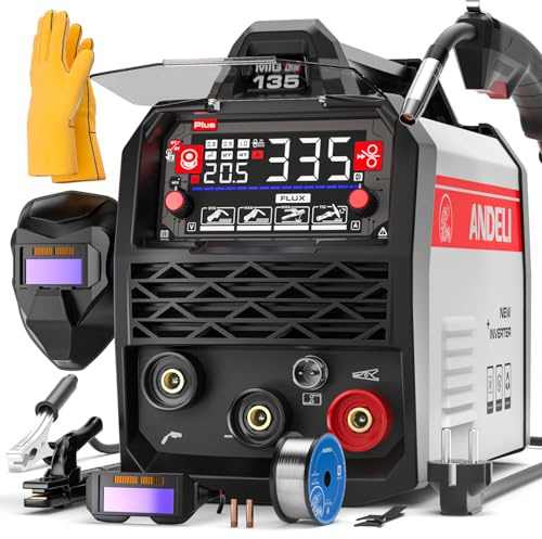 ANDELI Poste à Souder 135A 4-en-1 avec fil fourré et fonction pulsée – MIG sans gaz, TIG Lift et MMA – Kit complet incluant casque et gants, écran LED et système synergie, prêt à l’emploi sur 230V