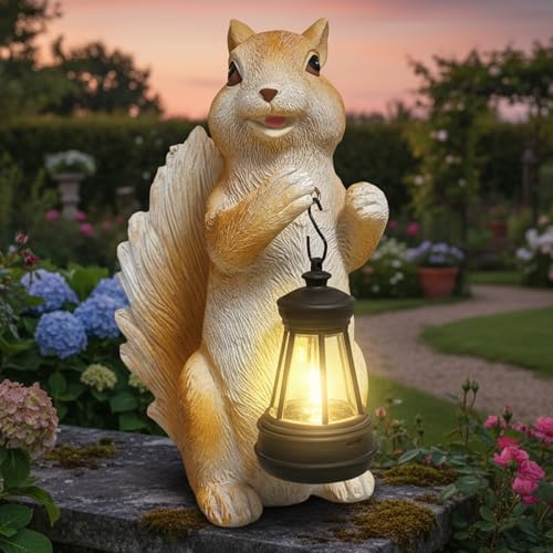 Solar Squirrel Garden Statue, Funny Figurine Home Decorations | Waterproof Resin Decor | Cute Squirrel with Lattern Design | Yard Patio Garden Ornament | Birthday Gift for Garden Lover