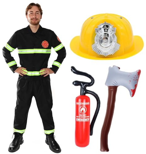 Brandman kostym för vuxna – brandman uniform med reflekterande detaljer, gul hjälm, uppblåsbar brandsläckare, uppblåsbar yxa – rolig hjort gör maskeraddräkt