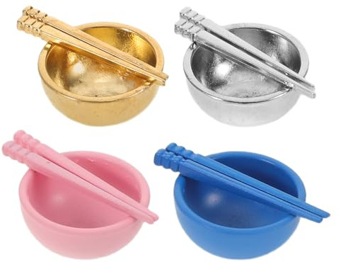 Gatuida Set di 4 utensili da cucina in miniatura per casa delle bambole - Piccole ciotole e bacchette in metallo - Stoviglie giocattolo realistiche per scene di cucina in sala da pranzo in scala 1:12
