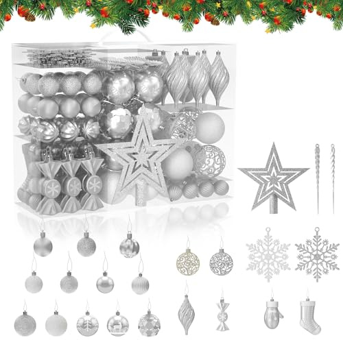 Froadp 138-teilig Weihnachtskugeln Set aus Kunststoff, Christbaumkugel Weihnachtsdeko Christbaumschmuck für Weihnachtsbaumdeko, Festliche Dekoration, DIY Basteln, Party (Silber + Weiß)