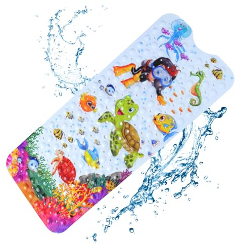 Baby Bath Mats Non Slip Anti Mould, 100x40cm Bathtub Mat with Suction Cups & Drain Holes Extra Long Cartoon Kids Bath Seat Mat Machine Washable (Sea turtle)
