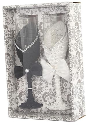 BAZEITFLOW Set di 2 Calici da Vino in Vetro Cristallo Bianco e Nero per Matrimonio e Feste, Bicchieri da Sposa Confezione Regalo per Anniversario e Cerimonie