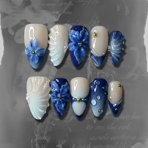 Nymora 24 Stück French Nails Press-on Nägel Design, Dunkelblaue Acryl-Kunstnägel mit Ozean-Motiven, Kurze Mandelform, 3D-Textur Klebenägel Fingernägel